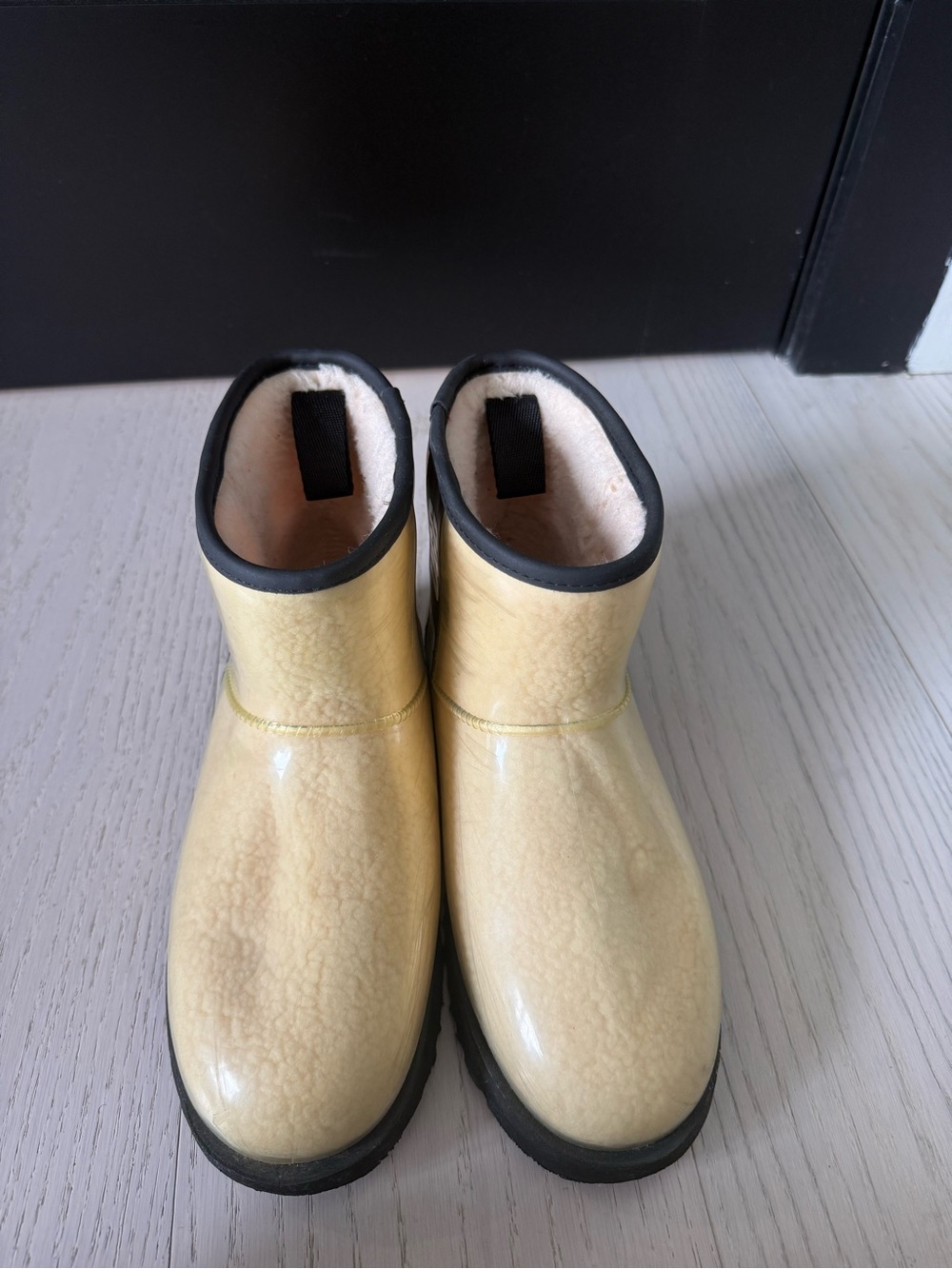 UGG Tan Glossy Waterproof Ankle Boots with Black Trim